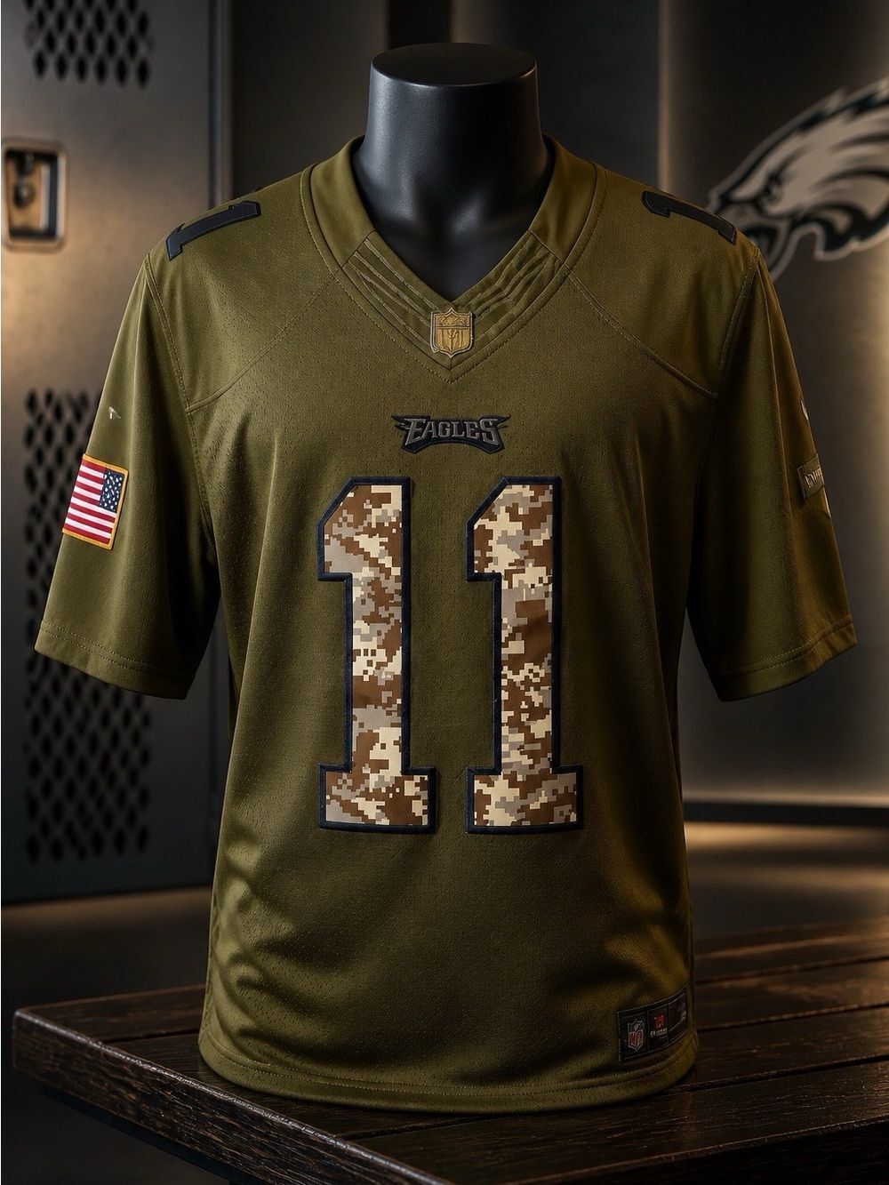 Olive Green Eagles Jersey with Embroidered Camo Number 11 Wentz Size Large - Picture 1 of 11